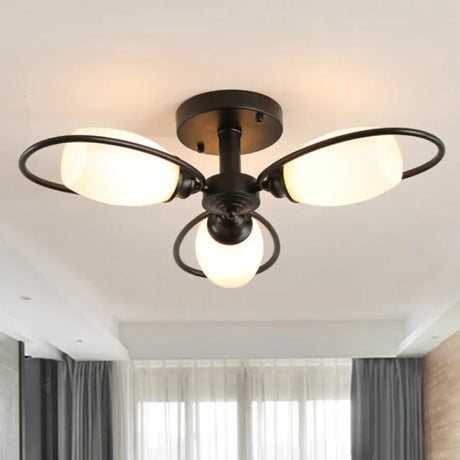 Semi Flush Mount Traditional Flower Shaped Ceiling Light: 3/6/8 Lights White Glass Black Ideal For