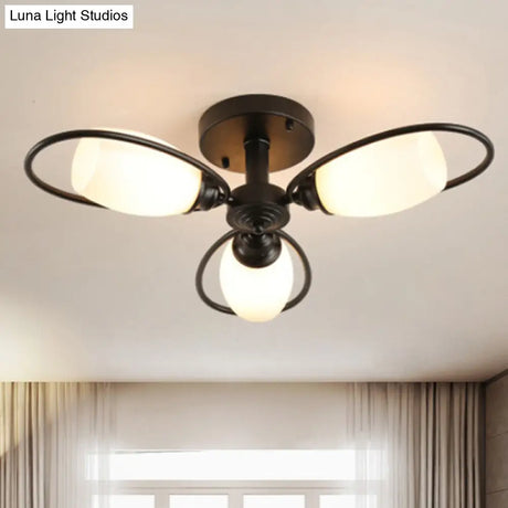 Semi Flush Mount Traditional Flower Shaped Ceiling Light: 3/6/8 Lights White Glass Black Ideal For