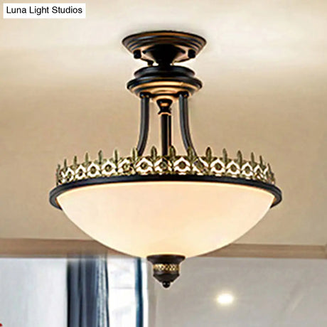 Semi Flush Mount Traditional Frosted Glass Ceiling Light With 3 Lights - White Bowl Shape For
