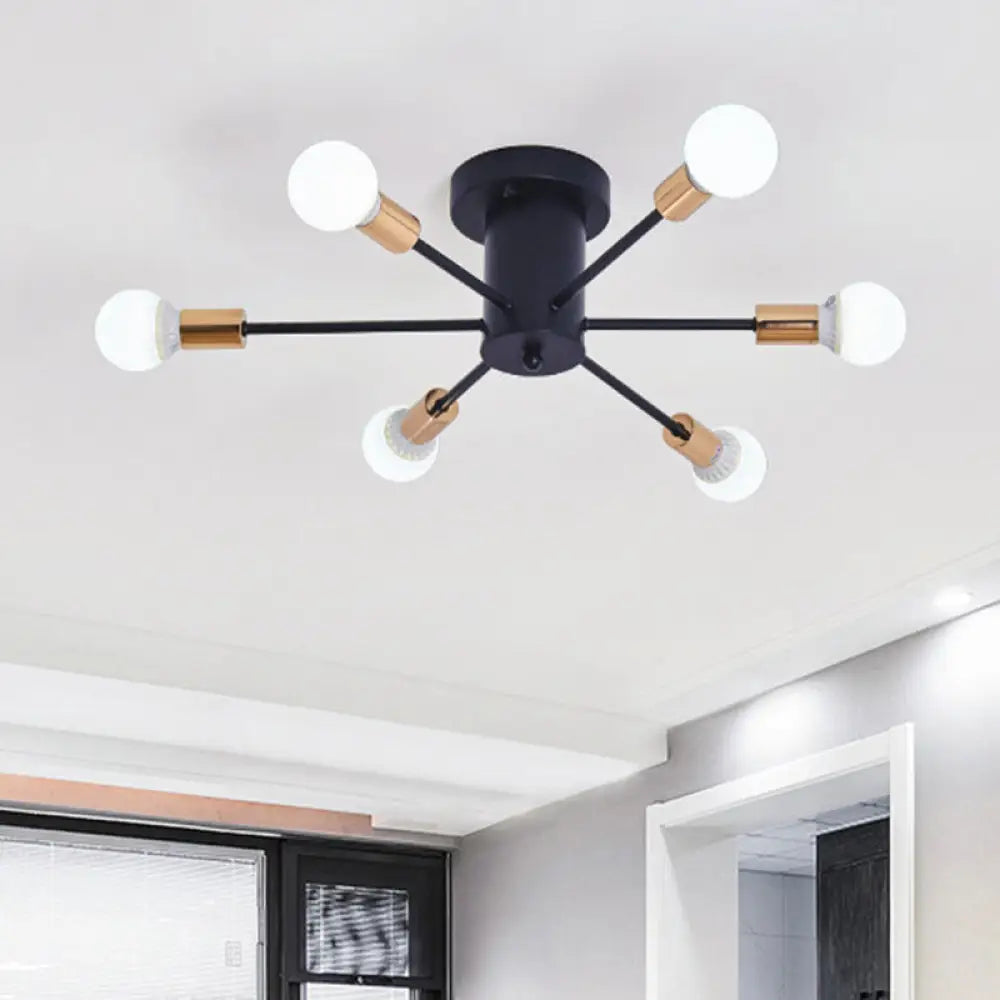 Semi Flush Mount Vintage Ceiling Light Fixture 6/8 Heads Black/White Metallic For Kitchen 6 / Black