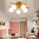 Semi Flush Opal Glass Ceiling Lamp With Wooden Branch - Creative Sphere Dining Room Light In Beige
