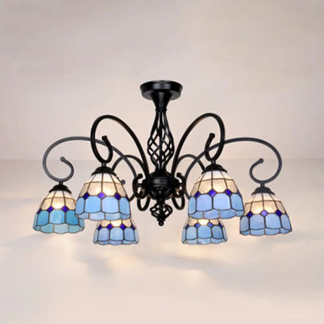 Semi Flush Tiffany Lighting With Curved Arm - Choose From 3 5 Or 6 Lights Stained Glass In White