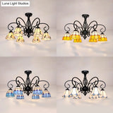Semi Flush Tiffany Lighting With Curved Arm - Choose From 3 5 Or 6 Lights Stained Glass In White