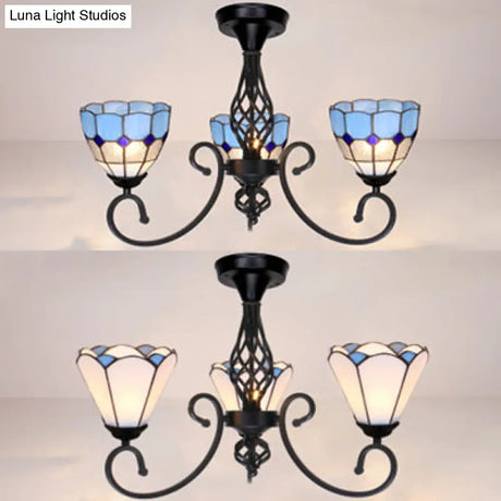 Semi Flush Tiffany Lighting With Curved Arm - Choose From 3 5 Or 6 Lights Stained Glass In White