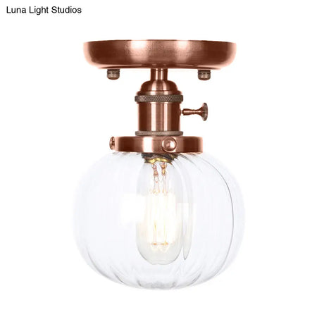 Semi Mount Industrial Ceiling Light In Copper - Clear/Amber Glass Globe Round Design 1 Bulb Perfect