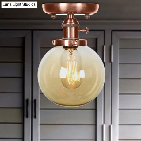 Semi Mount Industrial Ceiling Light In Copper - Clear/Amber Glass Globe Round Design 1 Bulb Perfect