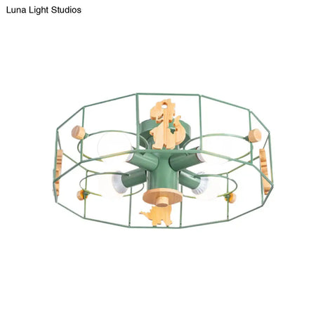 Semi Mount Metal Drum Cage Ceiling Lamp With Dinosaur Decoration - Green Finish 4 Lights