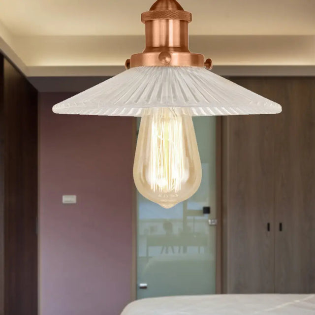 Semi Mount Ribbed Glass Cone Ceiling Light In Black/Brass/Copper - Industrial Style For Living Room