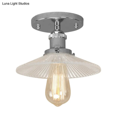 Semi Mount Ribbed Glass Cone Ceiling Light In Black/Brass/Copper - Industrial Style For Living Room