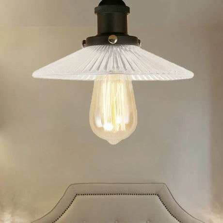 Semi Mount Ribbed Glass Cone Ceiling Light In Black/Brass/Copper - Industrial Style For Living Room