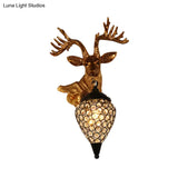 Sika Deer Head Wall Sconce: Countryside Gold Resin Lamp With Crystal Shade