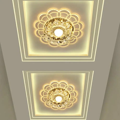 Silver Flush Mount Led Ceiling Light Fixture With Clear Crystal Flower Design - Warm/Multi Color
