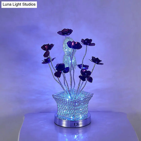 Silver Led Desk Lamp With Rose Art Decor - Aluminum Cubical Table For Bedside
