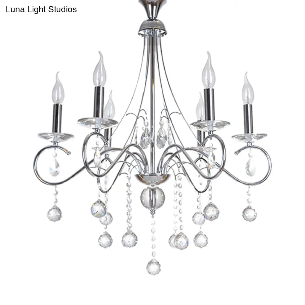 Silver Metal Chandelier With Crystal Ball Décor - 6 Heads Traditional Candle-Style Lighting For