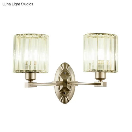 Silver Modern Cylinder Crystal Wall Light Fixture For Living Room - 1/2 Lights Sconce