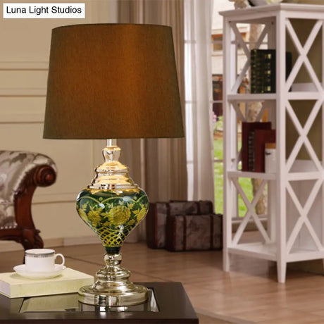 Simona - Brown 1 Light Desk Lamp Country Tapered Drum Fabric Nightstand In With Vase Base