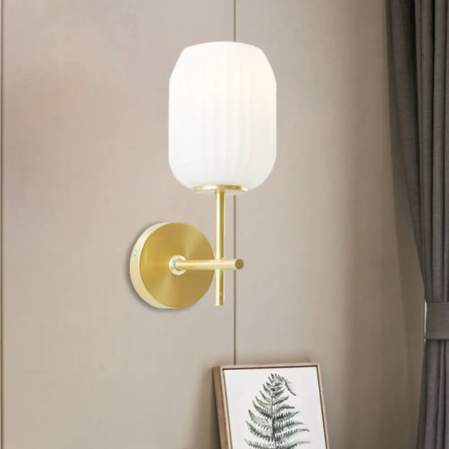 Simple Gold Bedside Wall Sconce With Lantern Cream Glass Shade - 1 Light Fixture