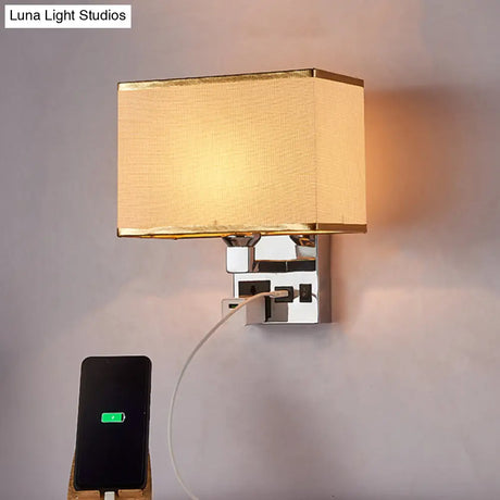 Simple Single White/Flaxen Fabric Rectangle Wall Light With Usb Charging Port And 3-Hole Socket