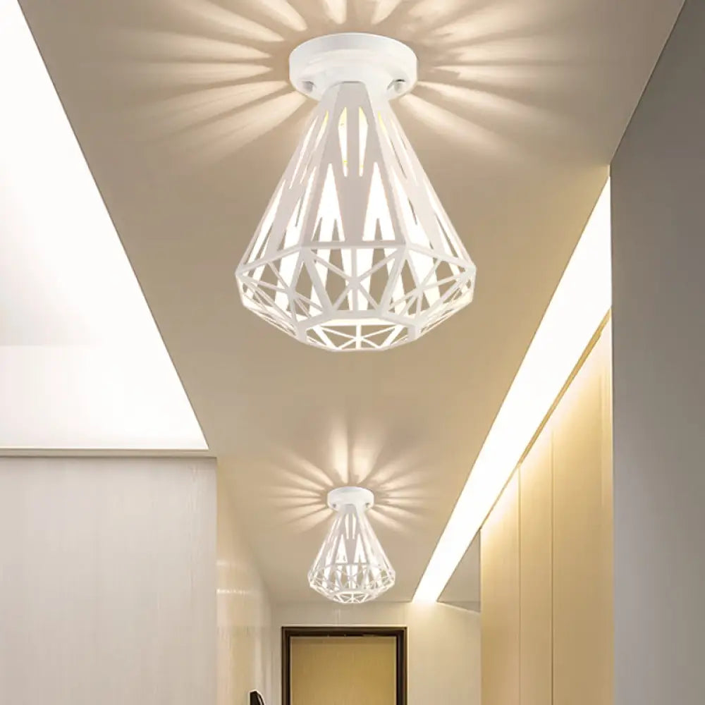 Simple Small Diamond Cage 1-Light Flush Mount Iron Ceiling Light In Black/White White