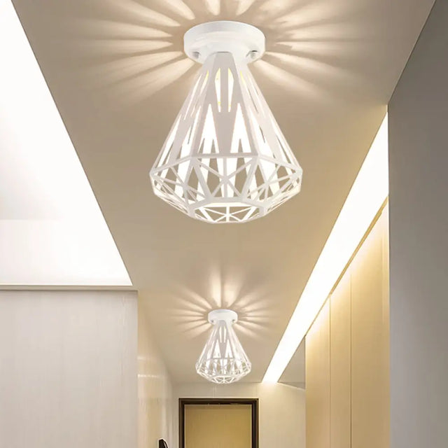 Simple Small Diamond Cage 1-Light Flush Mount Iron Ceiling Light In Black/White White