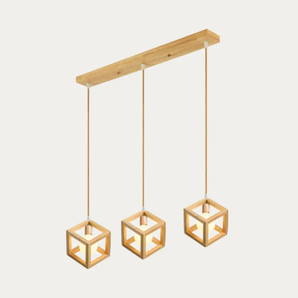 Simple Wooden Square Pendant Light With 3 Multi-Lights For Kitchen Wood / Linear