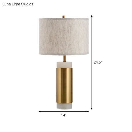 Simplicity 1-Head Fabric Drum Night Table Lamp - Flaxen Metal Nightstand Lighting For Bedroom