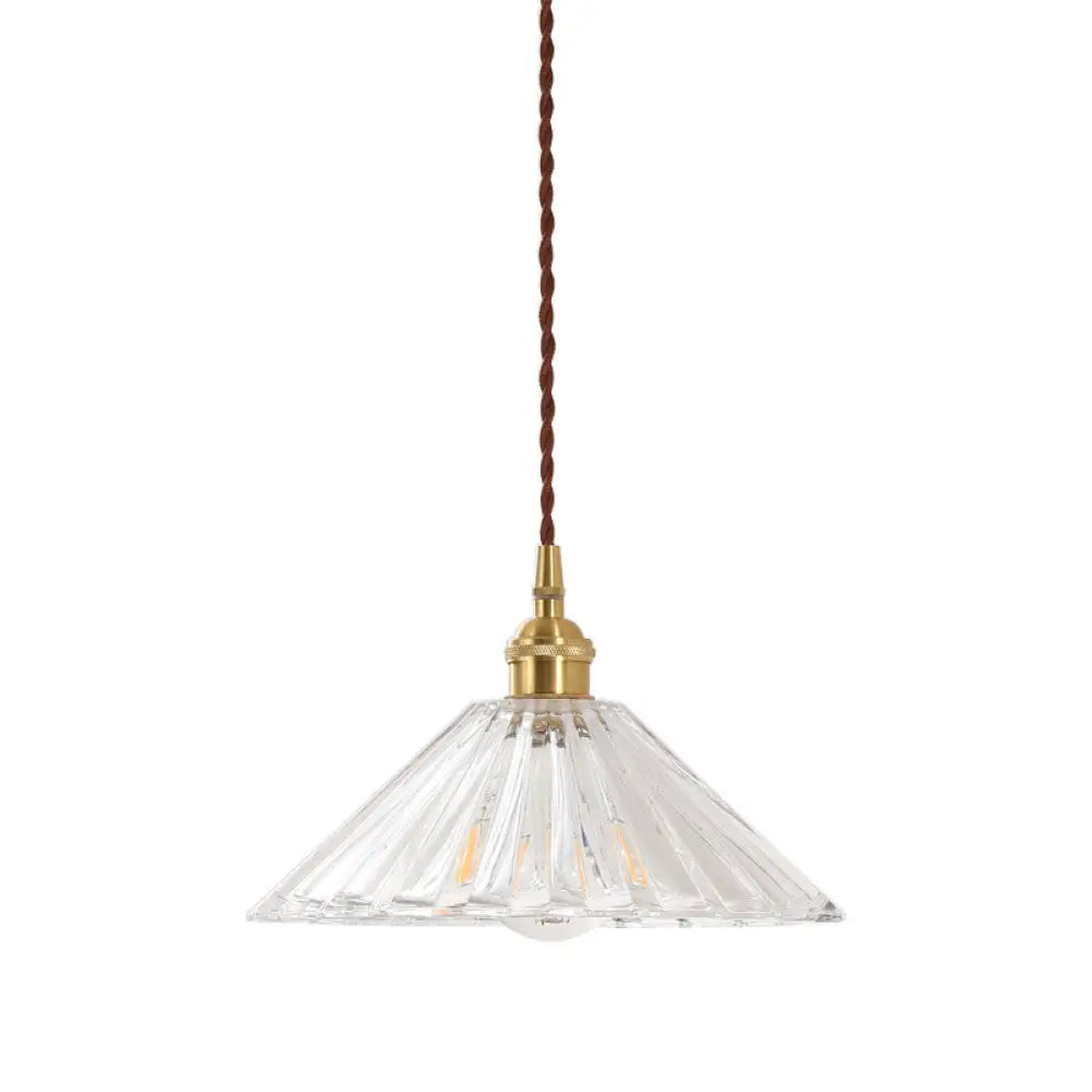 Simplicity Clear Ribbed Glass Cone Pendant Light Fixture For Restaurants - 1 Bulb Hanging