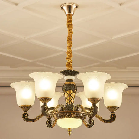 Simplicity Frosted Ribbed Glass Bell Chandelier Pendant Light 6 / White