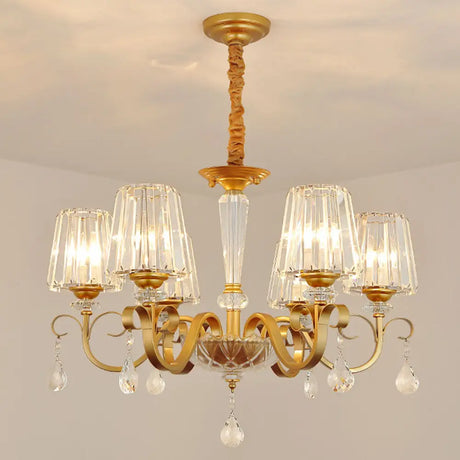 Simplicity Gold Tapered Crystal Hanging Light Kit - Elegant Ceiling Chandelier With Scrolled Arm 6 /