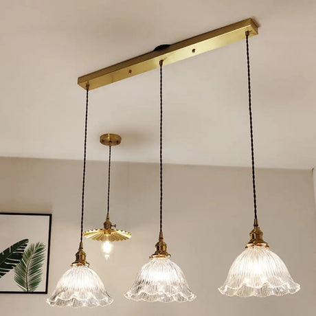 Simplicity Living Room Pendant Light Fixture With Clear Ribbed Glass Shade And Floral Design 3 /