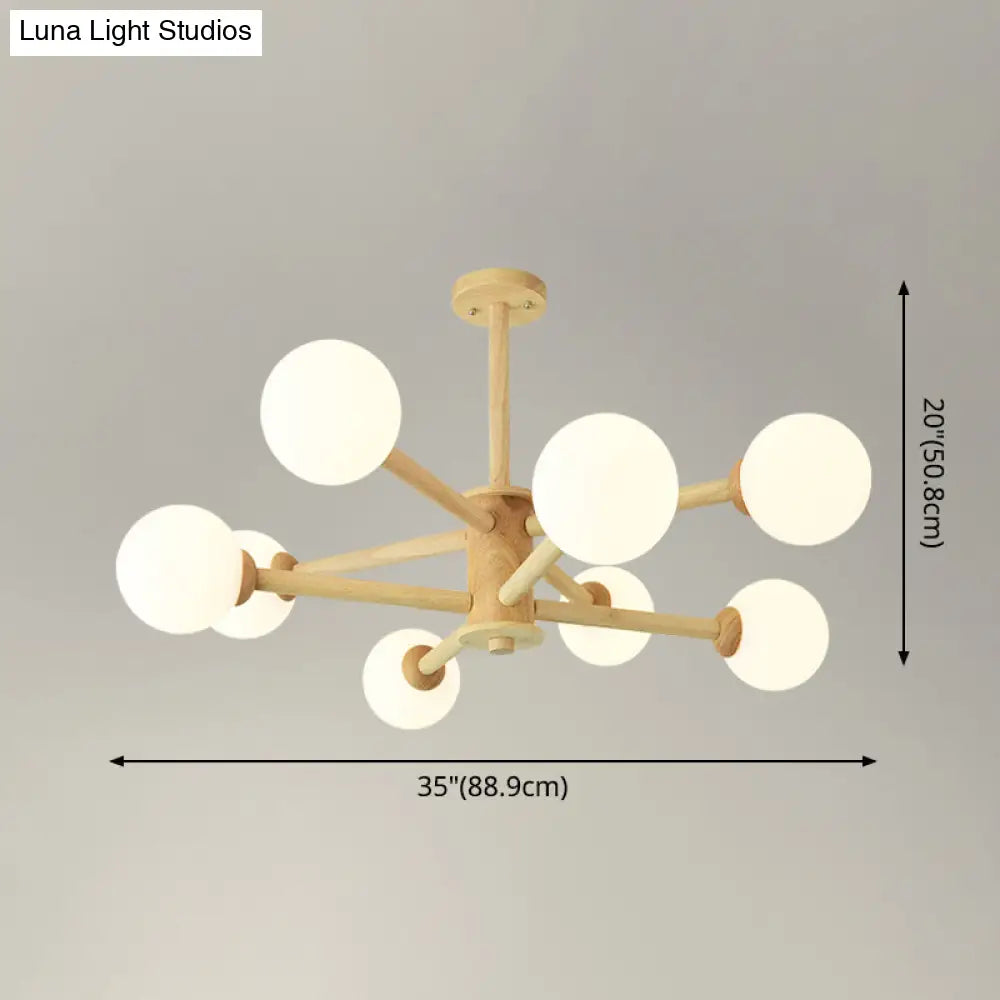 Simplicity Modern Beige Wood Hanging Light With White Frosted Glass Shade For Living Room & Bedroom