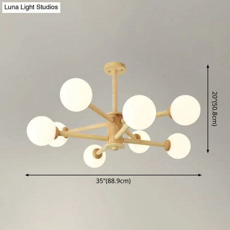 Simplicity Modern Beige Wood Hanging Light With White Frosted Glass Shade For Living Room & Bedroom