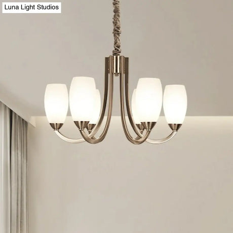 Simplicity Nickel Finish Swoop Arm Chandelier With Oval White Glass Shade: Elegant Metal Pendant