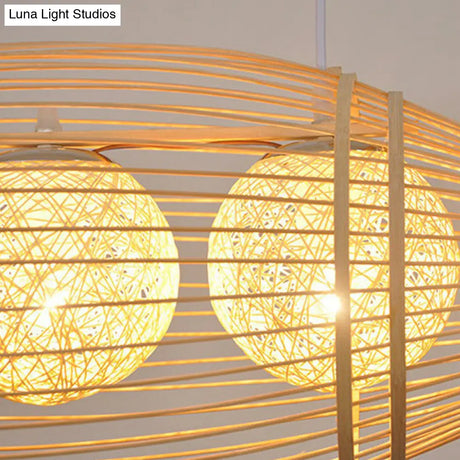Simplicity Wood Fish Chandelier: 2-Bulb Bamboo Pendant Light For Restaurants
