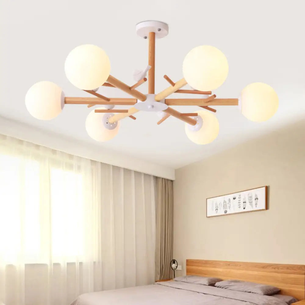 Simplistic Wood Pendant Light With Cream Glass Shade For Living Room Chandelier 6 /