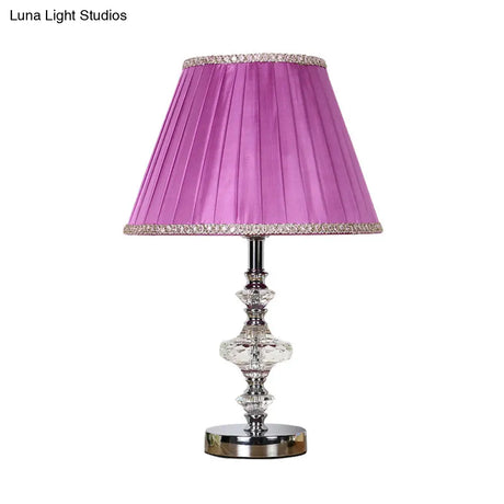 Single Bulb Purple Nightstand Lamp With Crystal Accent - Conical Fabric Light For Bedroom