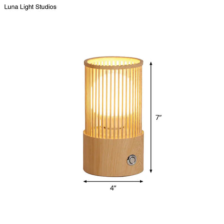 Sleek Beige Tubular Cage Desk Light: Minimalist Wood Table Lamp For Coffee Shops