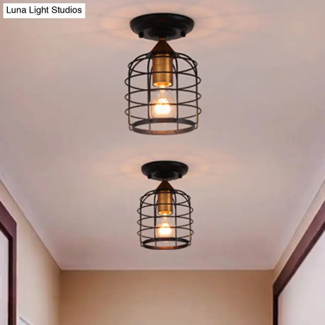 Sleek Black Industrial Metal Cylinder Semi Flush Light With Cage For Corridor - Ceiling Mounted