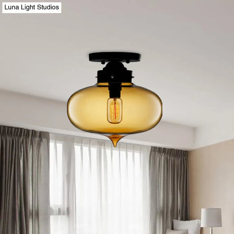 Sleek Black Industrial Semi Flush Light With Red/Brown/Amber Glass Oval Shade - Perfect For Dining