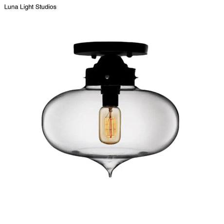 Sleek Black Industrial Semi Flush Light With Red/Brown/Amber Glass Oval Shade - Perfect For Dining