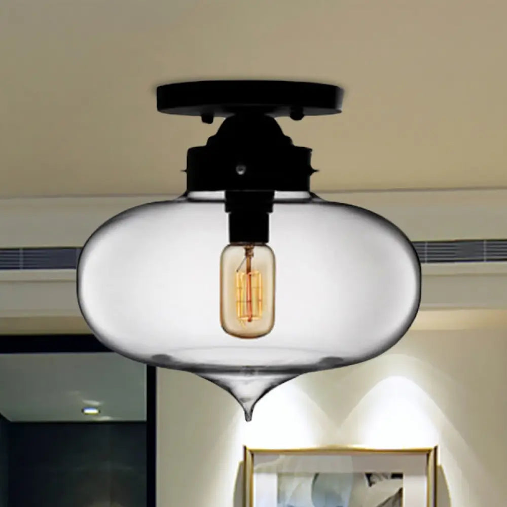 Sleek Black Industrial Semi Flush Light With Red/Brown/Amber Glass Oval Shade - Perfect For Dining