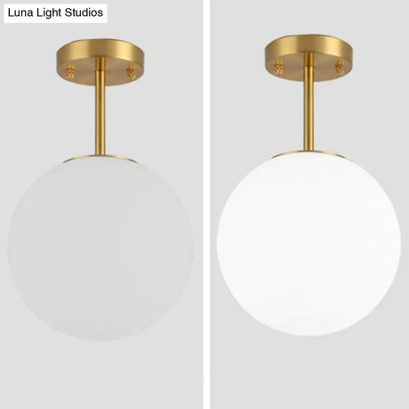 Sleek Brass Semi Flush Ceiling Light With White Glass - 1 Head Simple Style Fixture For Spherical