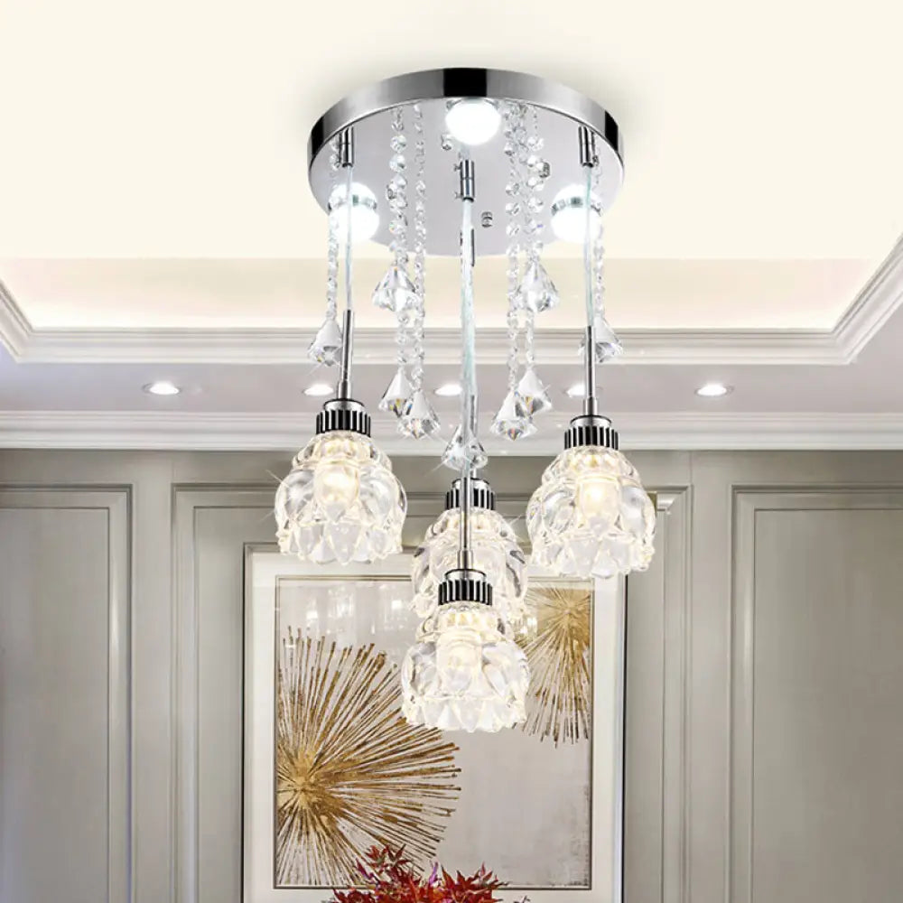 Sleek Chrome Semi Flush Light Fixture With Lotus Crystal Shade - Perfect For Modern Dining Rooms 4 /