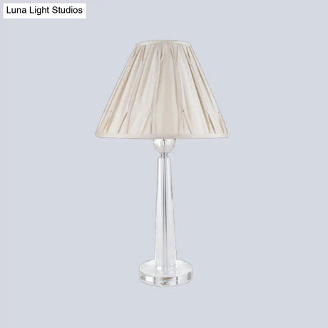 Sleek Crystal Task Lamp With Wide Flare Simplicity Fabric Beige Nightstand Light For Bedside