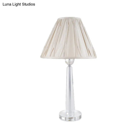 Sleek Crystal Task Lamp With Wide Flare Simplicity Fabric Beige Nightstand Light For Bedside
