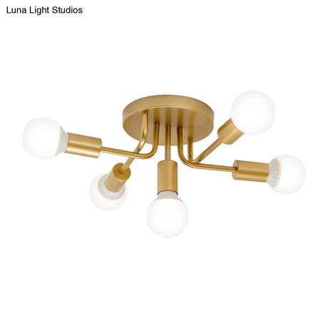 Sleek Curved Arm Semi Flush Mount Ceiling Light With 5 Metal Lights In Black/Gold