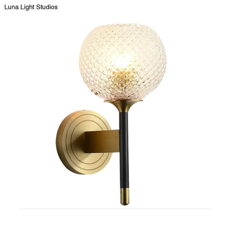 Sleek Glass Globe Wall Sconce: Ribbed Simplicity Brass Finish Mounted Light Fixture