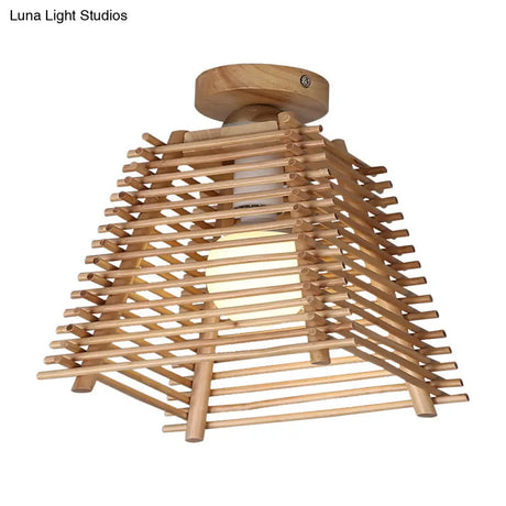 Sleek Japanese Bamboo Ceiling Lamp With Trapezoid Semi Mount And 1 - Bulb Flush Design For Hallway