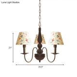 Sleek Kids Chandelier With Conic Printed Fabric Shade - Black Iron 3/5 Lights