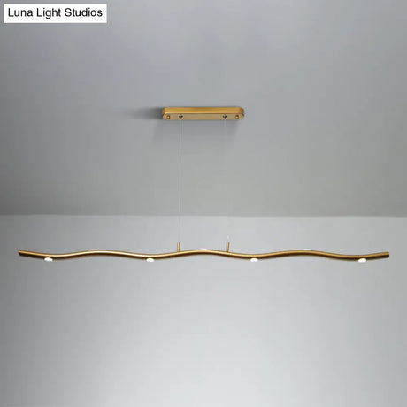 Sleek Led Metallic Ceiling Chandelier - Gold/Wood Waving Line Suspension Light In Warm/White